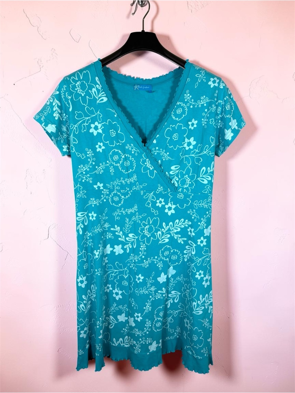 Fresh Produce Teal Floral Wrap-Style Mini Dress V Neck Short Sleeve Size M
